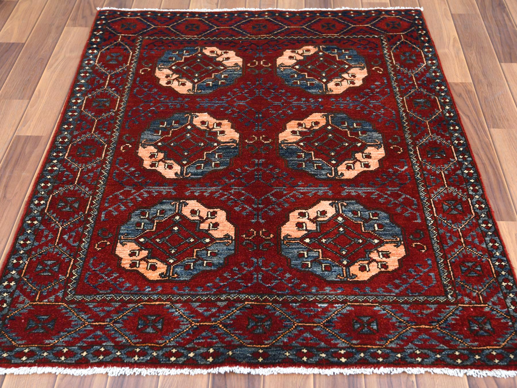 Ersari Tribal & Geometric hand-knotted wool rug in Red, 3'5" x 4'4" — SKU O060002 (view 2)