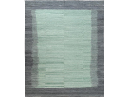 Kilim Flat-Weave hand-knotted wool rug in Green & Dark Gray, 12' x 15' — SKU O060020