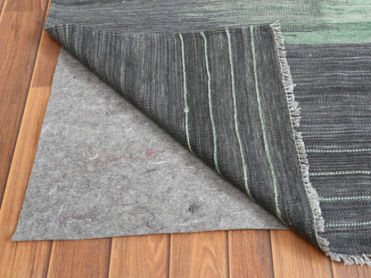 Kilim Flat-Weave hand-knotted wool rug in Green & Dark Gray, 12' x 15' — SKU O060020 (view 3)