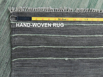 Kilim Flat-Weave hand-knotted wool rug in Green & Dark Gray, 12' x 15' — SKU O060020 (view 6)