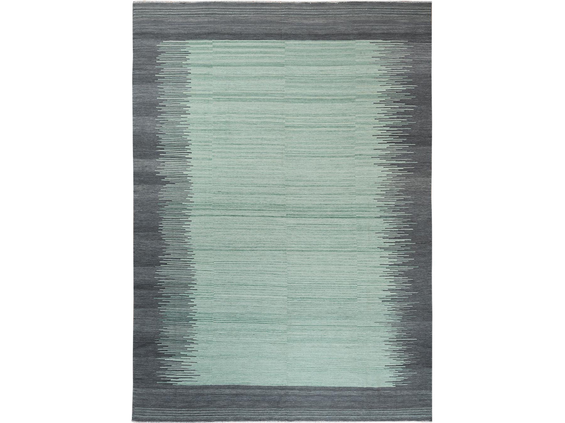 Kilim Flat-Weave hand-knotted wool rug in Green & Dark Gray, 10' x 14'1" — SKU O060021