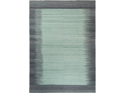 Kilim Flat-Weave hand-knotted wool rug in Green & Dark Gray, 10' x 14'1" — SKU O060021