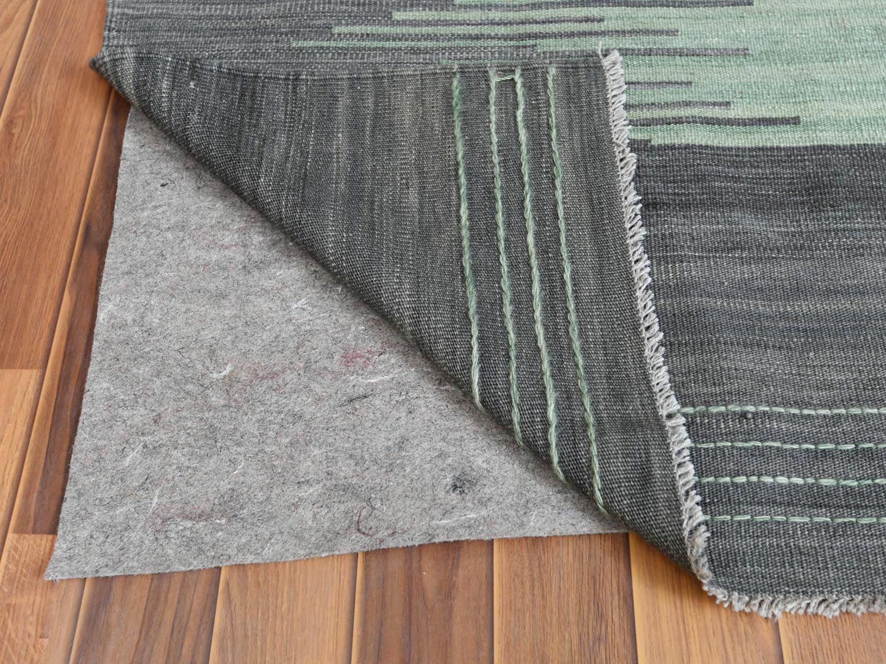 Kilim Flat-Weave hand-knotted wool rug in Green & Dark Gray, 10' x 14'1" — SKU O060021 (view 3)