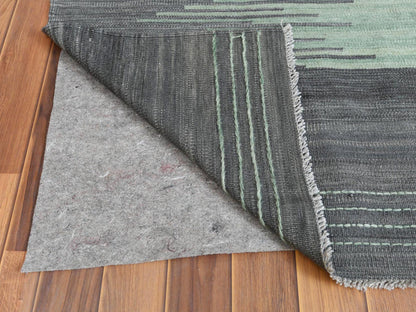 Kilim Flat-Weave hand-knotted wool rug in Green & Dark Gray, 10' x 14'1" — SKU O060021 (view 3)