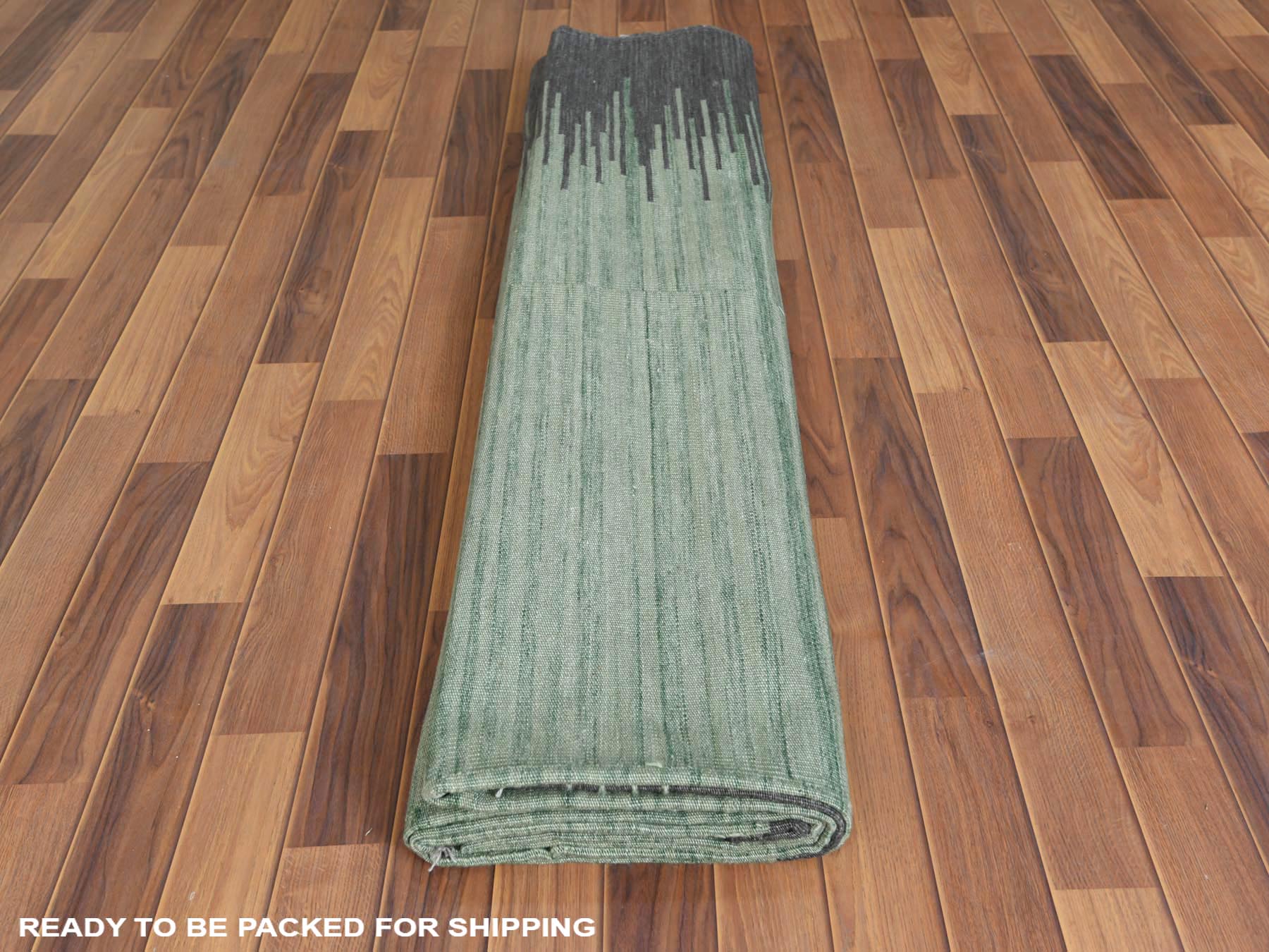 Kilim Flat-Weave hand-knotted wool rug in Green & Dark Gray, 10' x 14'1" — SKU O060021 (view 5)