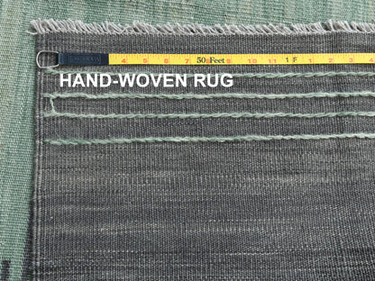 Kilim Flat-Weave hand-knotted wool rug in Green & Dark Gray, 10' x 14'1" — SKU O060021 (view 6)
