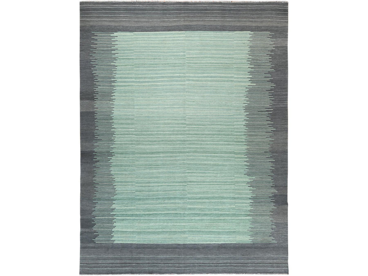 Kilim Flat-Weave hand-knotted wool rug in Green & Dark Gray, 9'3" x 12'1" — SKU O060022