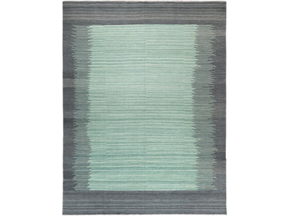 Kilim Flat-Weave hand-knotted wool rug in Green & Dark Gray, 9'3" x 12'1" — SKU O060022