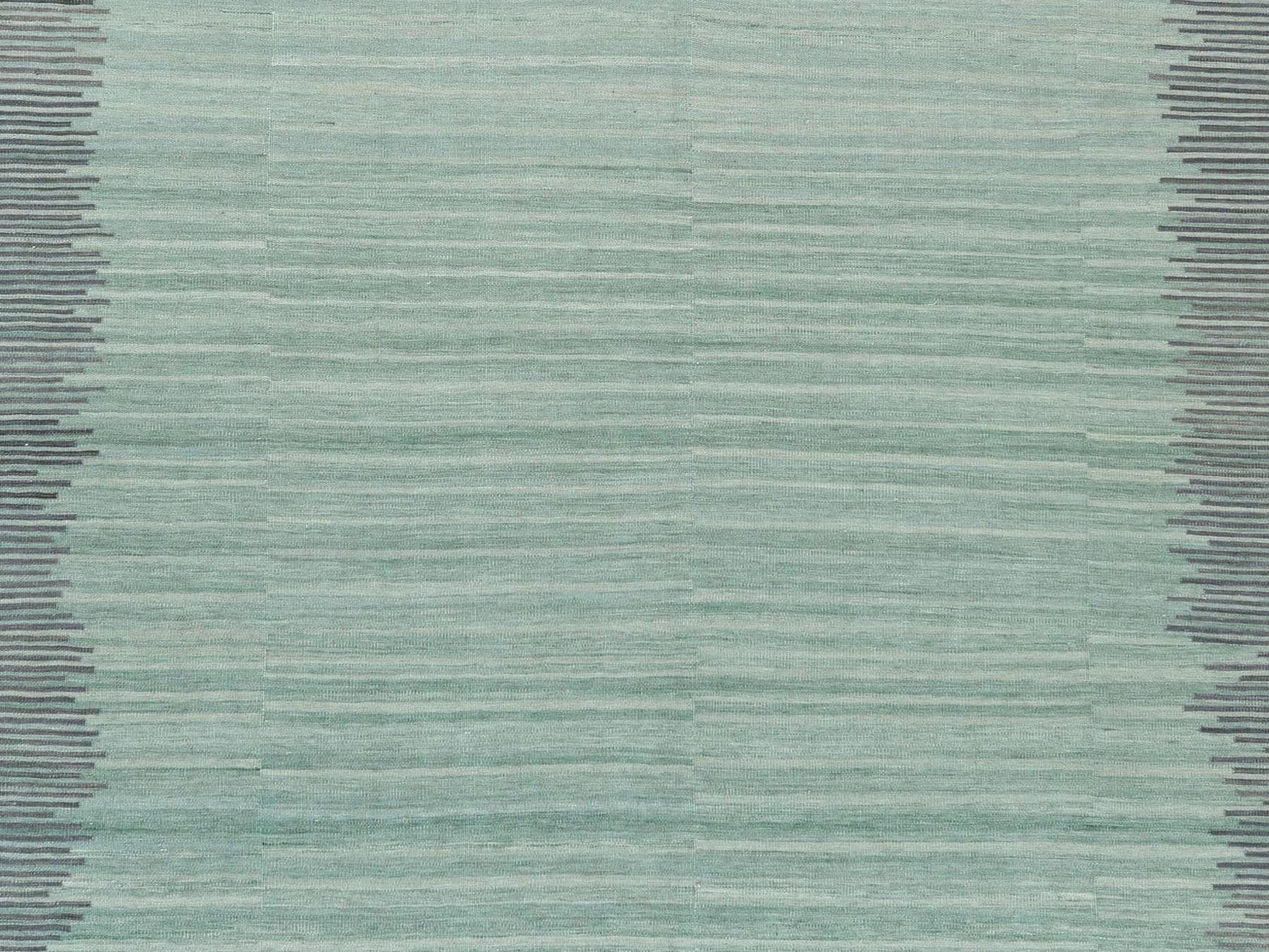 Kilim Flat-Weave hand-knotted wool rug in Green & Dark Gray, 9'3" x 12'1" — SKU O060022 (view 2)