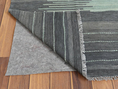 Kilim Flat-Weave hand-knotted wool rug in Green & Dark Gray, 9'3" x 12'1" — SKU O060022 (view 3)