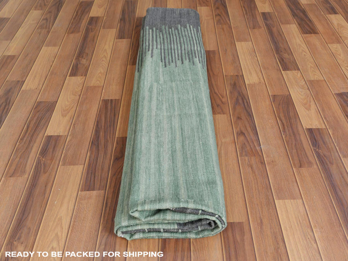 Kilim Flat-Weave hand-knotted wool rug in Green & Dark Gray, 9'3" x 12'1" — SKU O060022 (view 5)