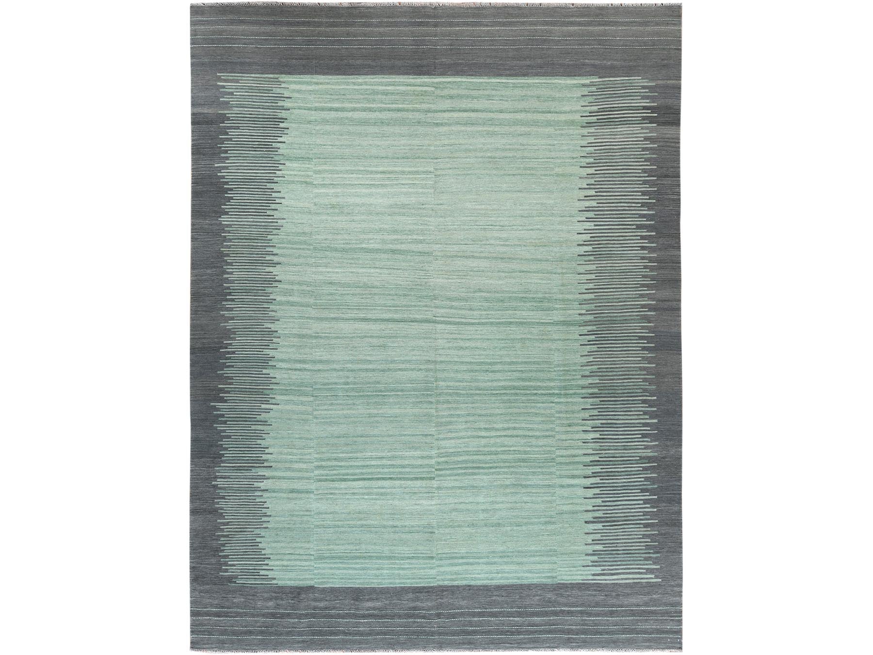 Kilim Flat-Weave hand-knotted wool rug in Green & Dark Gray, 9'2" x 12' — SKU O060023