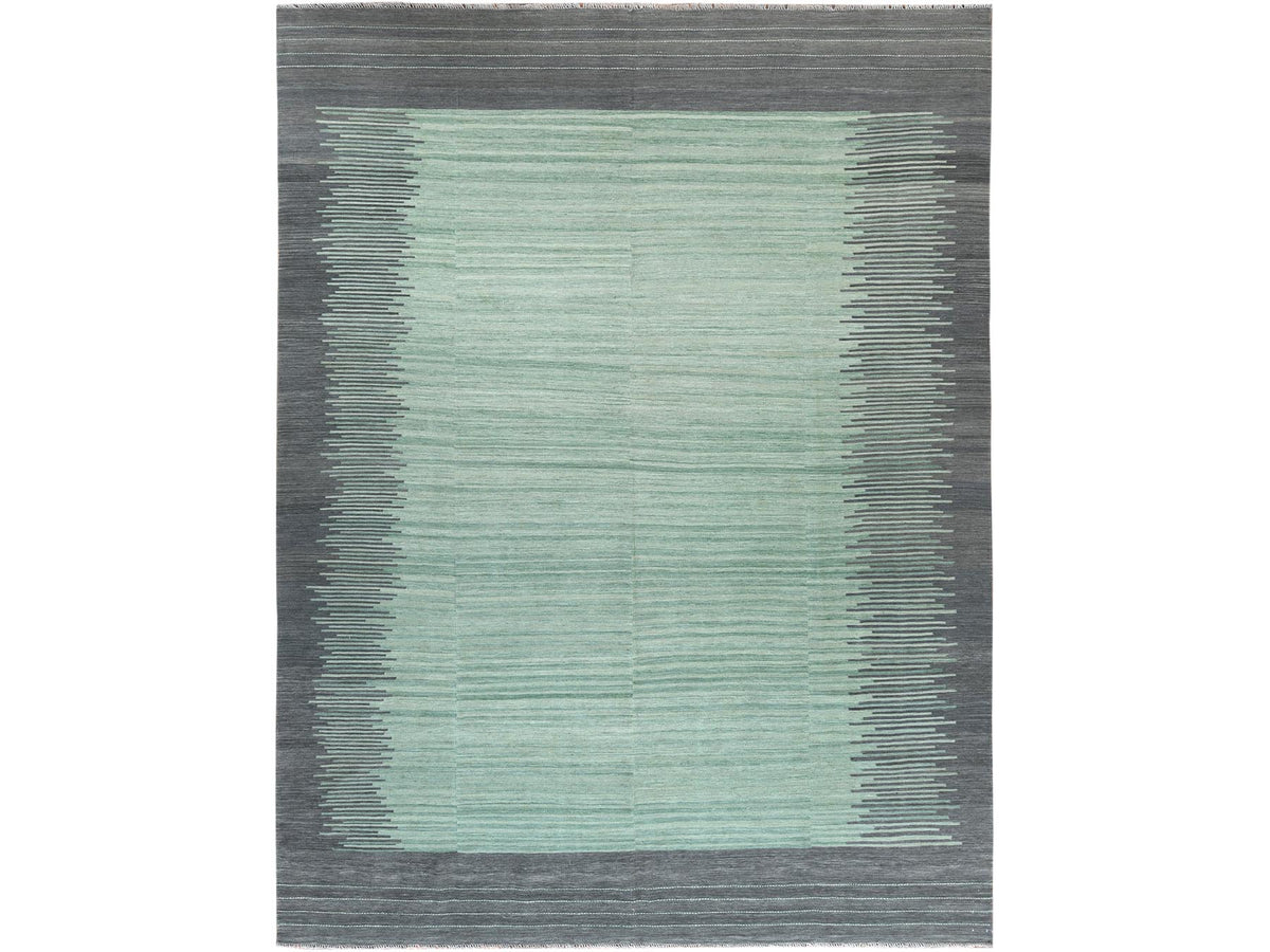 Kilim Flat-Weave hand-knotted wool rug in Green & Dark Gray, 9'2" x 12' — SKU O060023