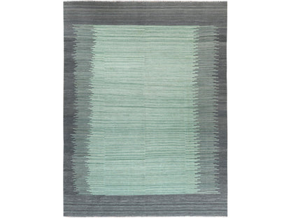 Kilim Flat-Weave hand-knotted wool rug in Green & Dark Gray, 9'2" x 12' — SKU O060023