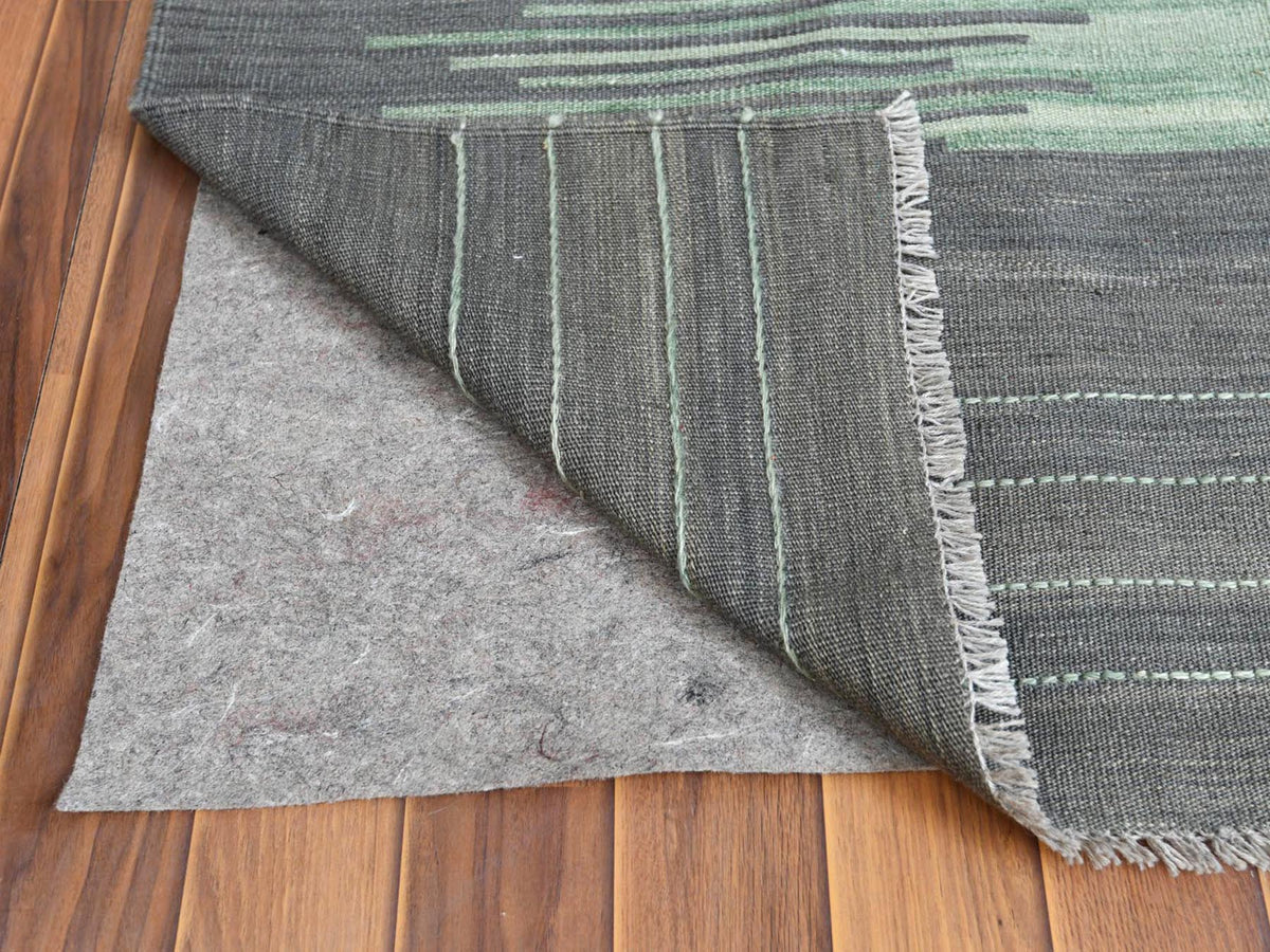 Kilim Flat-Weave hand-knotted wool rug in Green & Dark Gray, 9'2" x 12' — SKU O060023 (view 3)