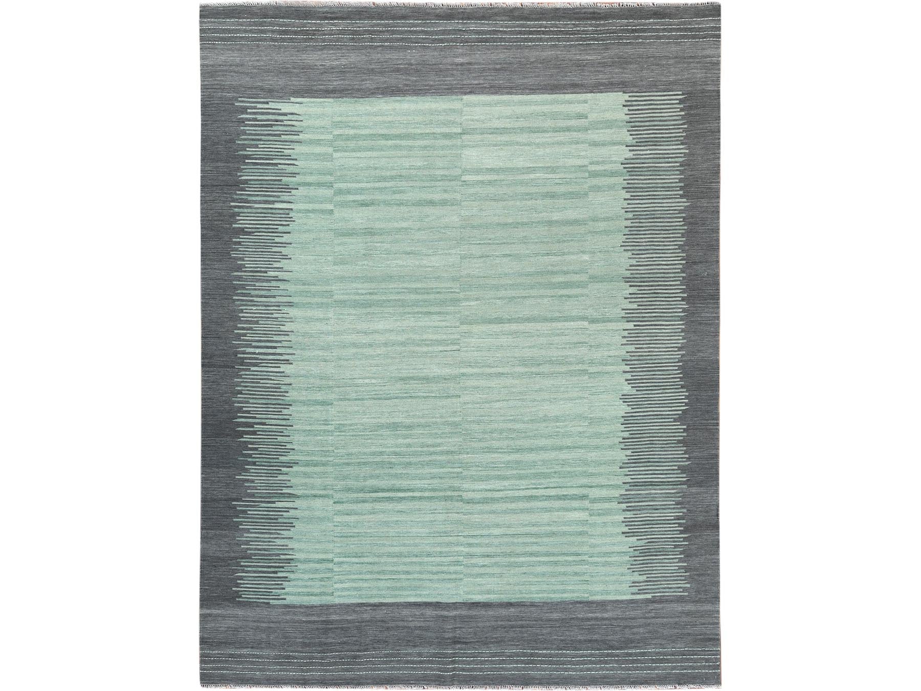 Kilim Flat-Weave hand-knotted wool rug in Green & Dark Gray, 8'2" x 10'1" — SKU O060024