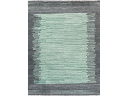Kilim Flat-Weave hand-knotted wool rug in Green & Dark Gray, 8'2" x 10'1" — SKU O060024