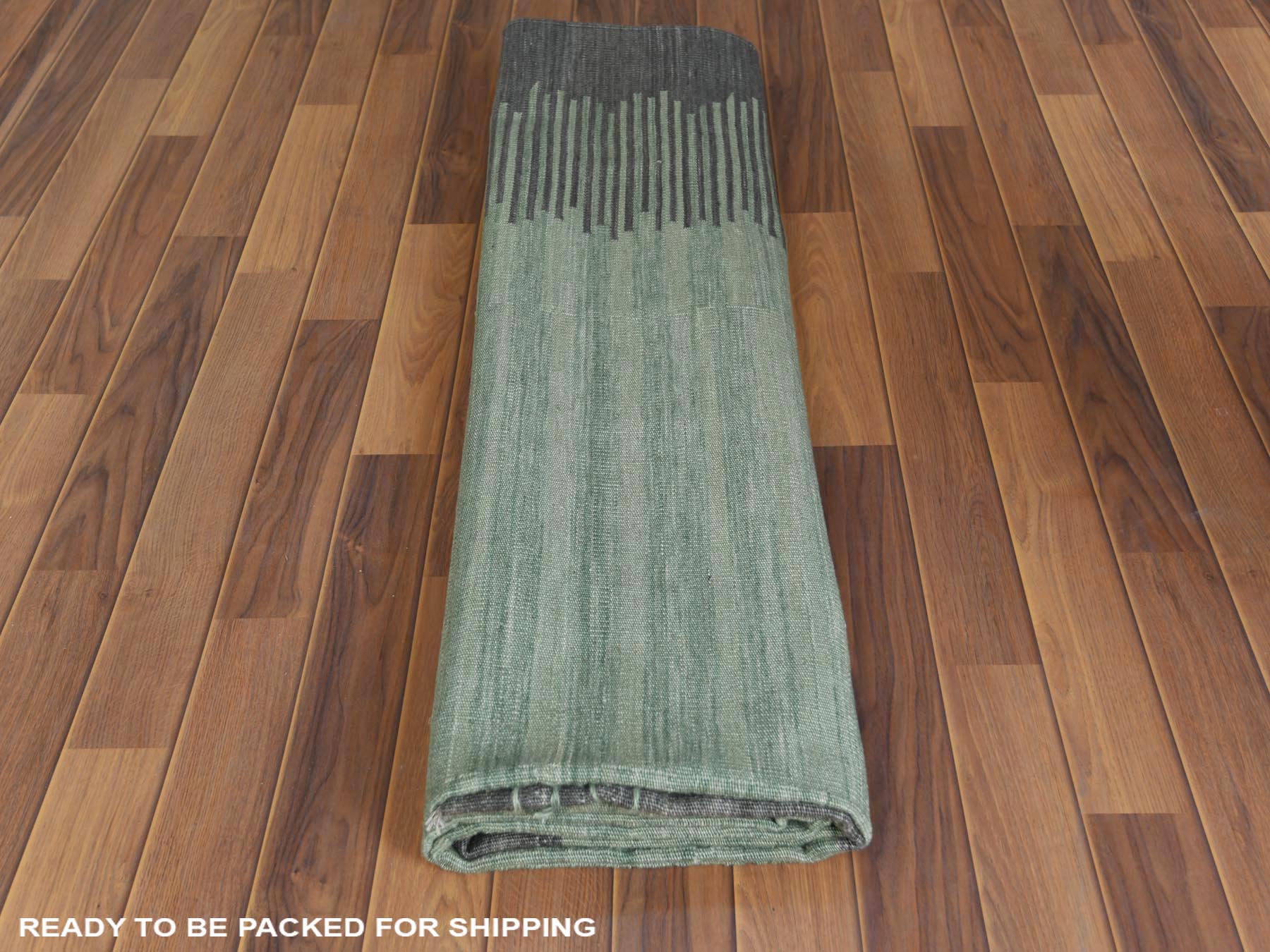 Kilim Flat-Weave hand-knotted wool rug in Green & Dark Gray, 8'2" x 10'1" — SKU O060024 (view 5)