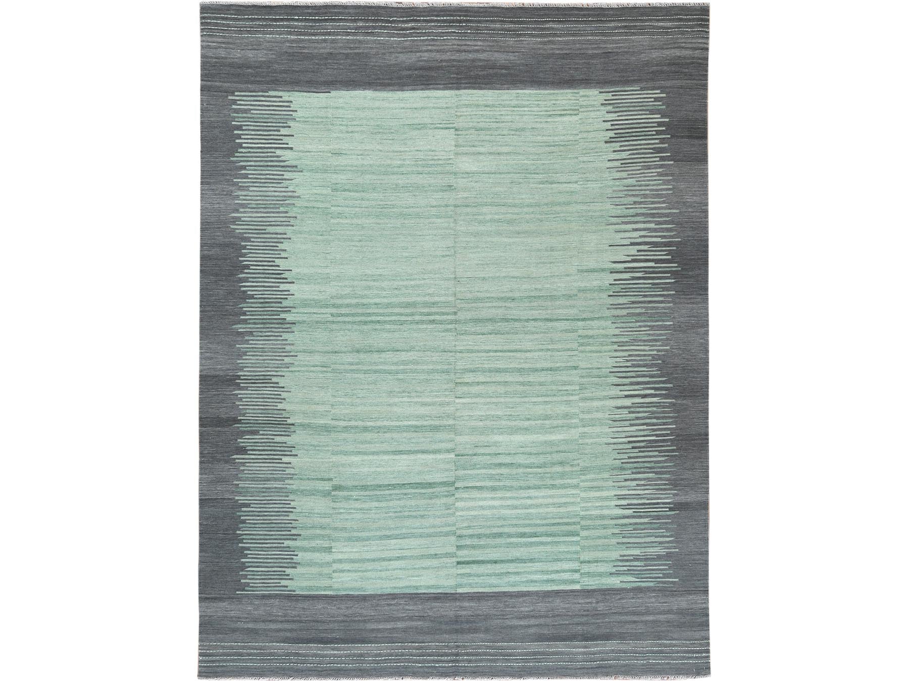 Kilim Flat-Weave hand-knotted wool rug in Green & Dark Gray, 8'2" x 10'1" — SKU O060025