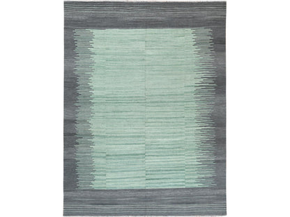 Kilim Flat-Weave hand-knotted wool rug in Green & Dark Gray, 8'2" x 10'1" — SKU O060025