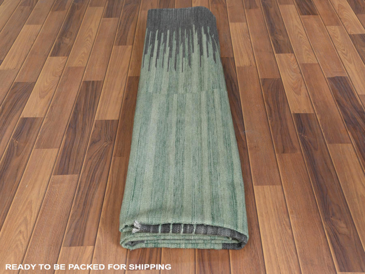 Kilim Flat-Weave hand-knotted wool rug in Green & Dark Gray, 8'2" x 10'1" — SKU O060025 (view 5)