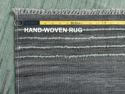 Kilim Flat-Weave hand-knotted wool rug in Green & Dark Gray, 8'2" x 10'1" — SKU O060025 (view 6)