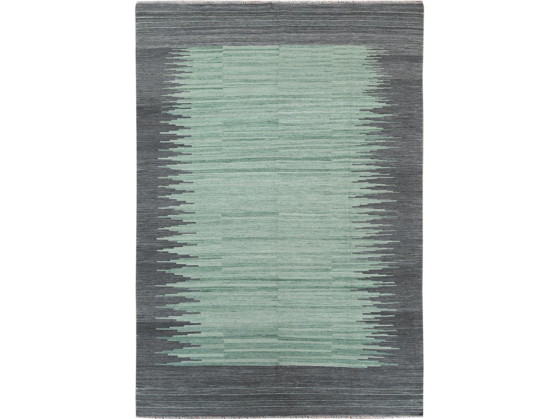 Kilim Flat-Weave hand-knotted wool rug in Green & Dark Gray, 6'1" x 9'1" — SKU O060026