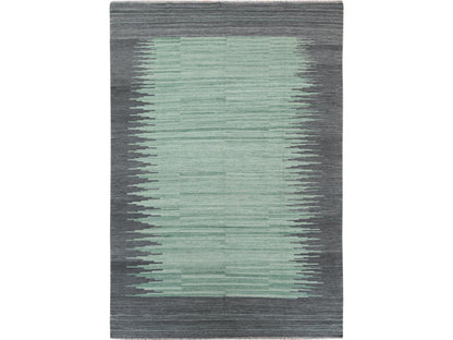 Kilim Flat-Weave hand-knotted wool rug in Green & Dark Gray, 6'1" x 9'1" — SKU O060026