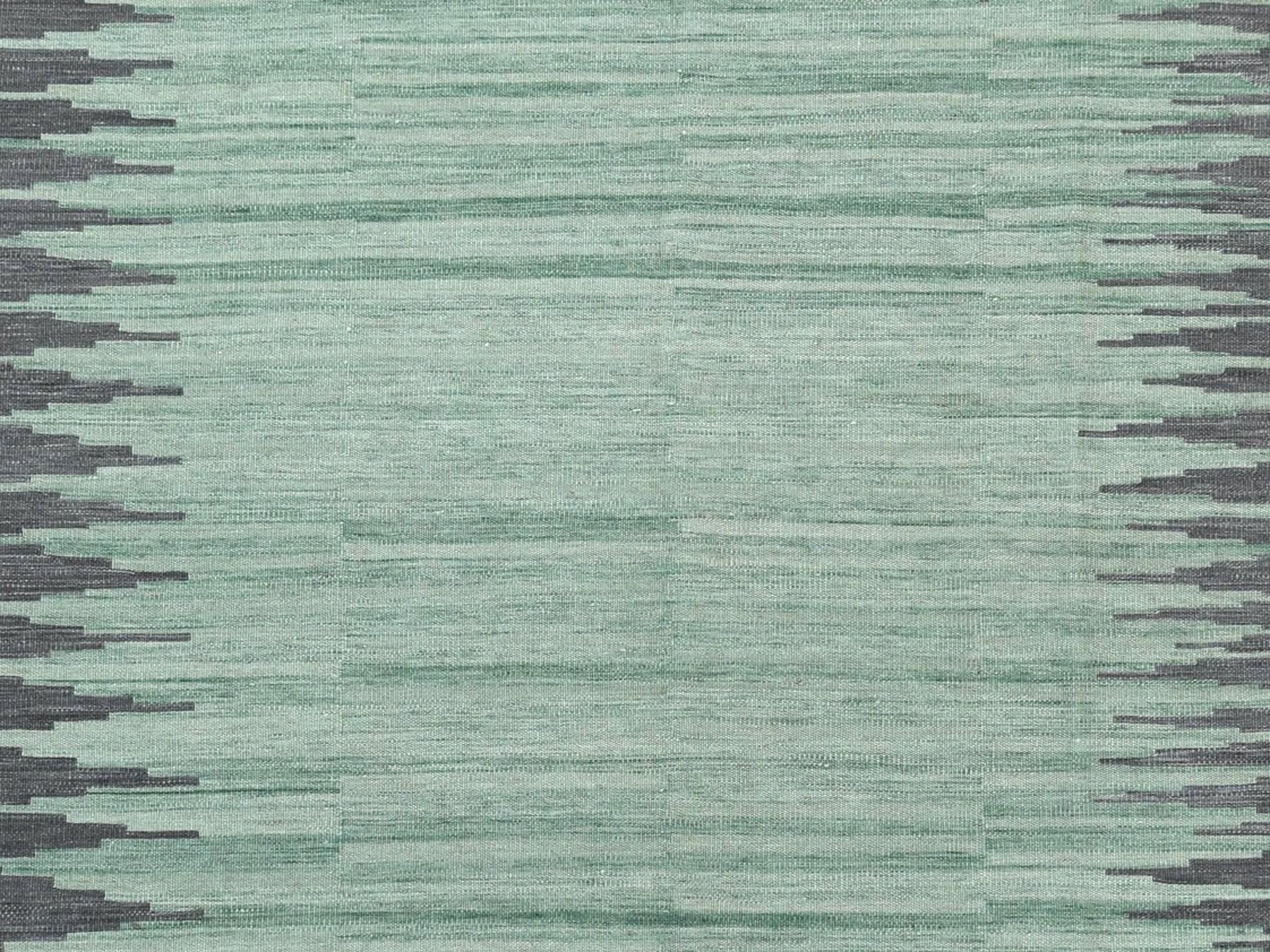 Kilim Flat-Weave hand-knotted wool rug in Green & Dark Gray, 6'1" x 9'1" — SKU O060026 (view 2)