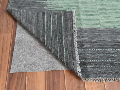 Kilim Flat-Weave hand-knotted wool rug in Green & Dark Gray, 6'1" x 9'1" — SKU O060026 (view 3)