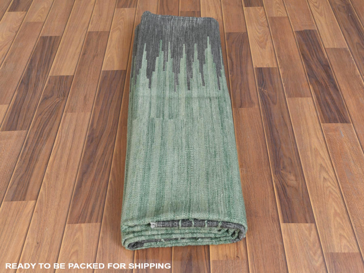 Kilim Flat-Weave hand-knotted wool rug in Green & Dark Gray, 6'1" x 9'1" — SKU O060026 (view 5)