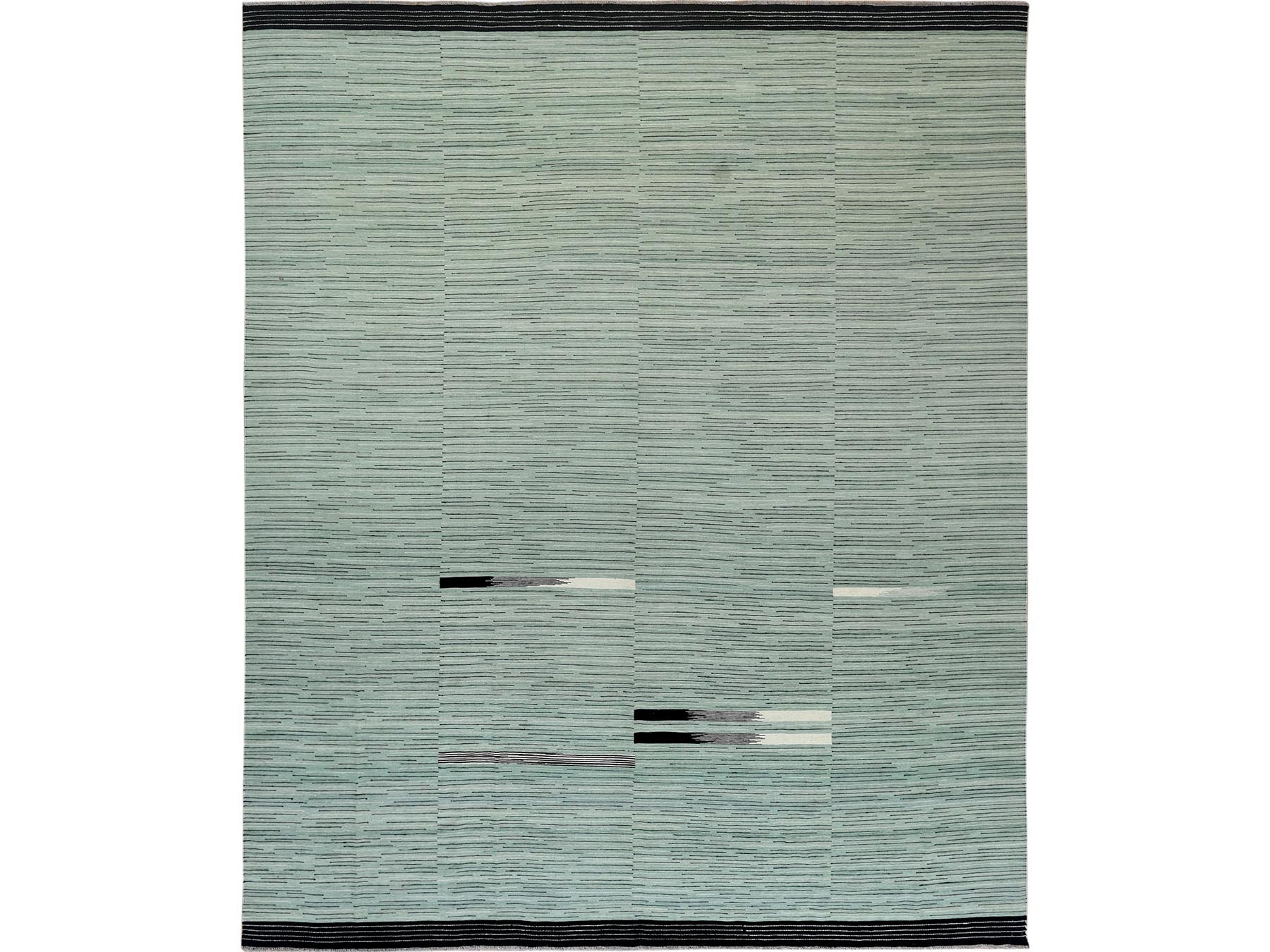 Kilim Flat-Weave hand-knotted wool rug in Green, 12'6" x 15' — SKU O060034