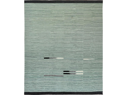 Kilim Flat-Weave hand-knotted wool rug in Green, 12'6" x 15' — SKU O060034