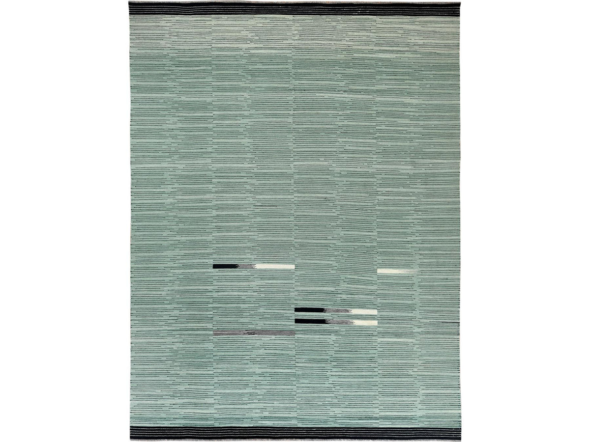 Kilim Flat-Weave hand-knotted wool rug in Green, 10'2" x 14' — SKU O060035