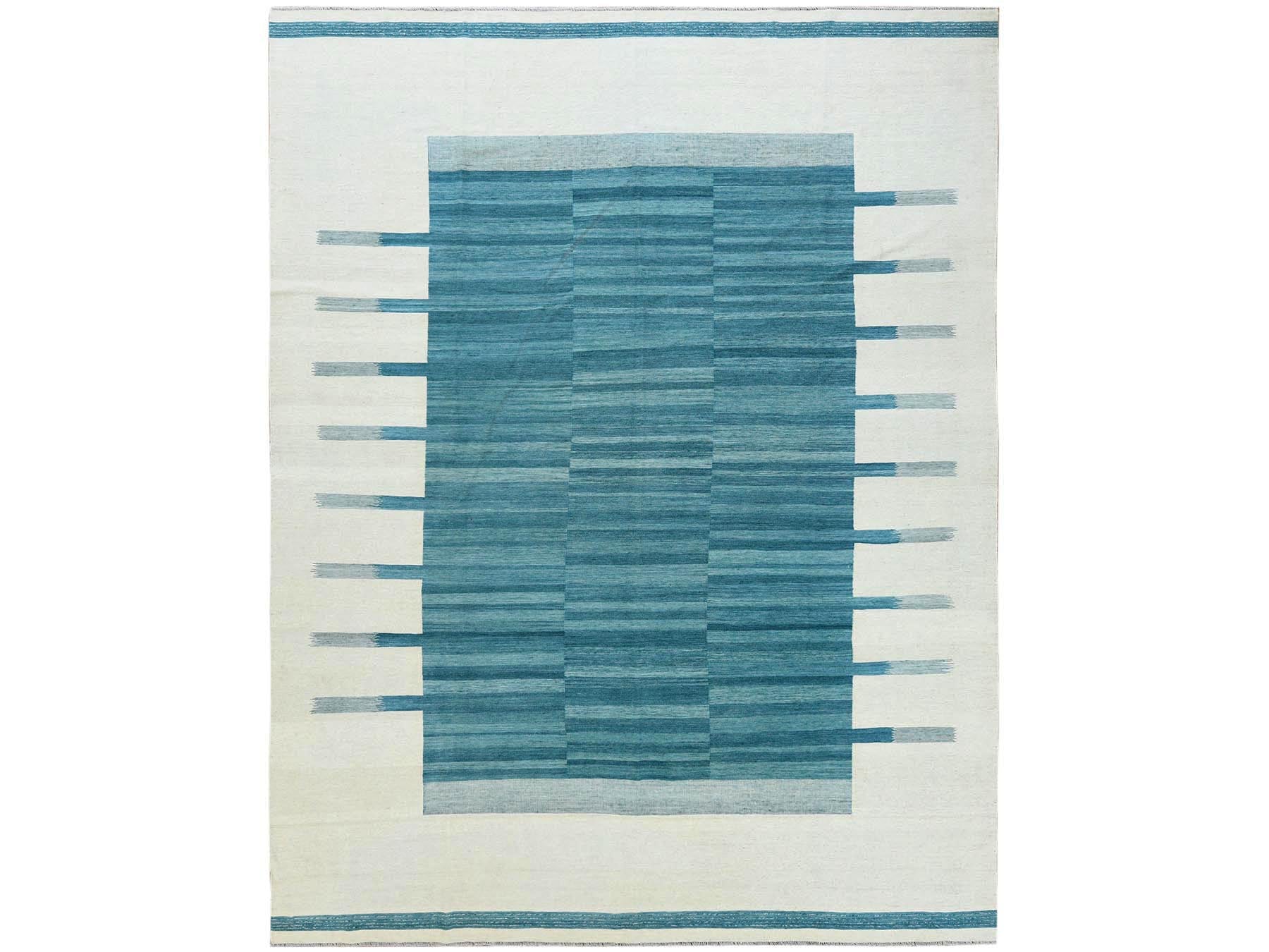 Teal 10'8" x 14'1" Flatweave / Kilim Hand woven Wool Rug - Sku: O060053