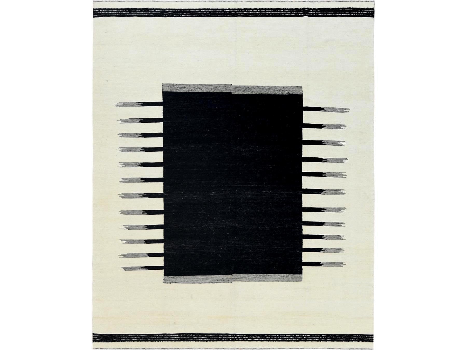 Kilim Flat-Weave hand-knotted wool rug in Black, 8'2" x 10' — SKU O060072