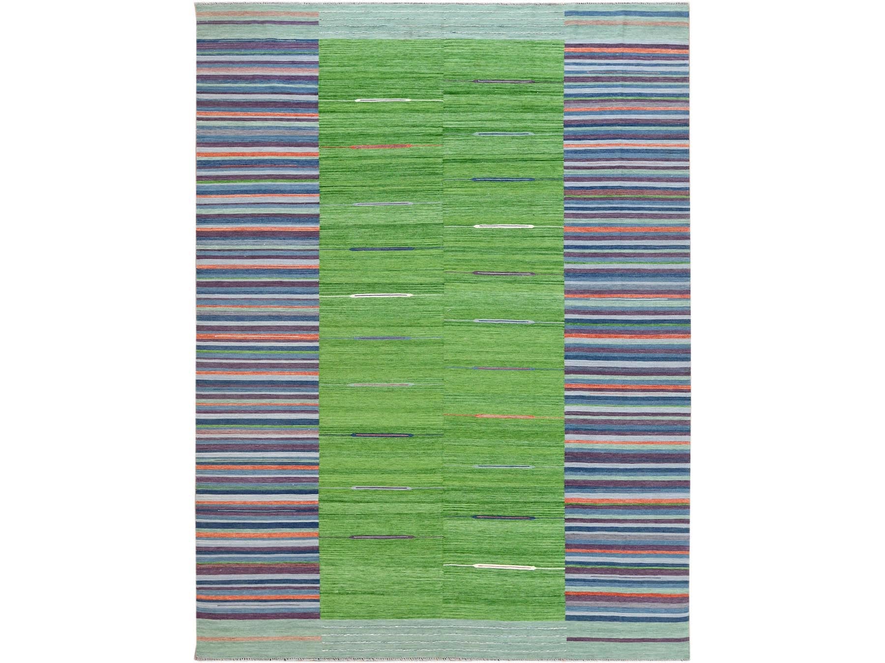 Kilim Flat-Weave hand-knotted wool rug in Green, 9'3" x 12'1" — SKU O060091