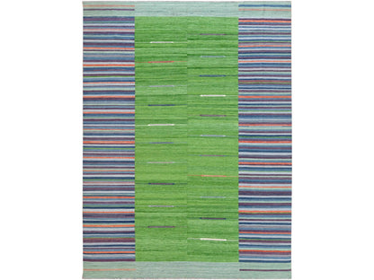 Kilim Flat-Weave hand-knotted wool rug in Green, 9'3" x 12'1" — SKU O060091