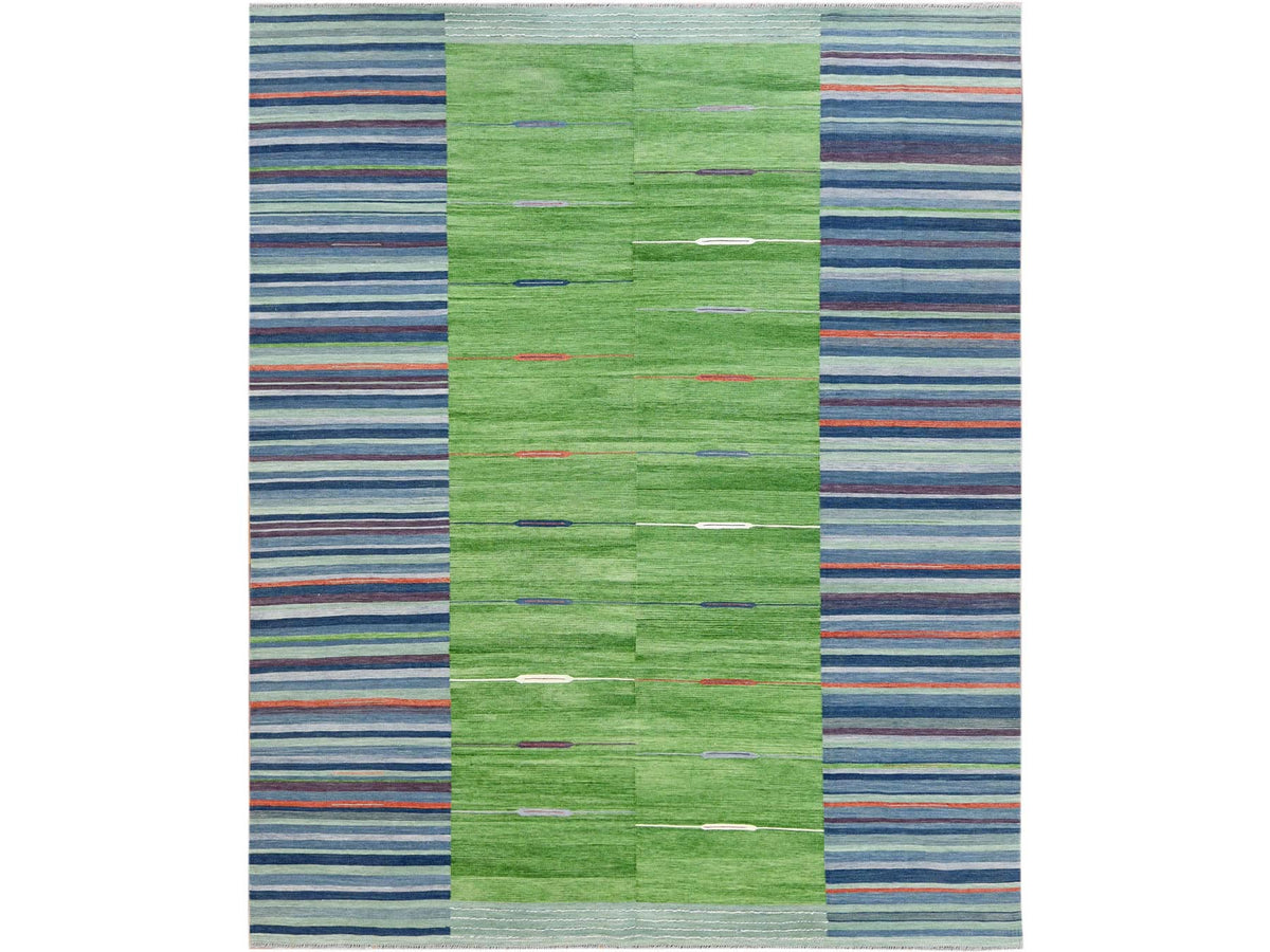 Kilim Flat-Weave hand-knotted wool rug in Green, 8'3" x 10'1" — SKU O060093
