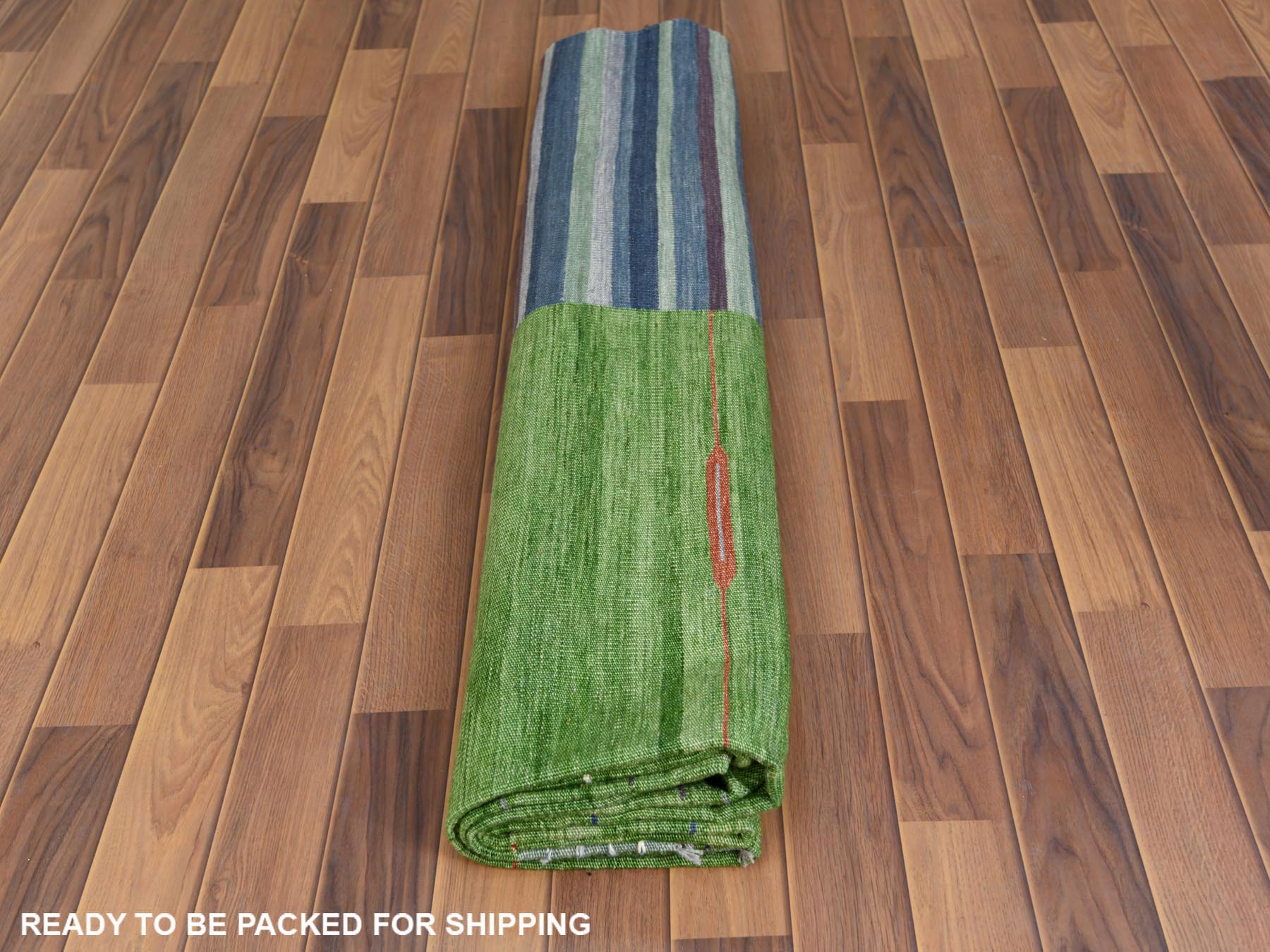Kilim Flat-Weave hand-knotted wool rug in Green, 8'3" x 10'1" — SKU O060093 (view 4)