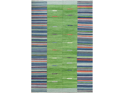 Kilim Flat-Weave hand-knotted wool rug in Green, 6'2" x 9'2" — SKU O060095
