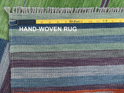 Kilim Flat-Weave hand-knotted wool rug in Green, 6'2" x 9'2" — SKU O060095 (view 6)