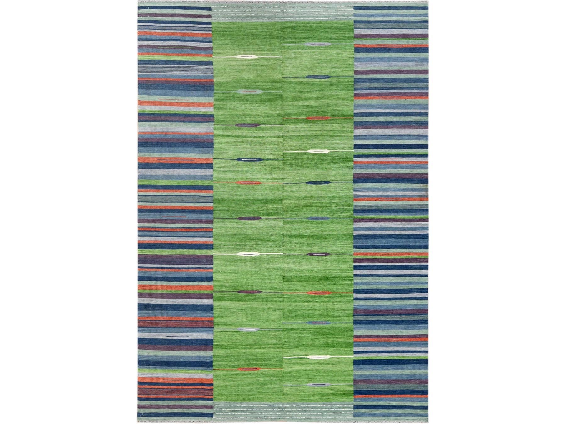Kilim Flat-Weave hand-knotted wool rug in Green, 6'3" x 9'2" — SKU O060096