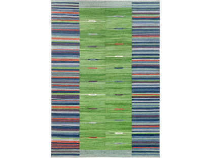 Kilim Flat-Weave hand-knotted wool rug in Green, 6'3" x 9'2" — SKU O060096