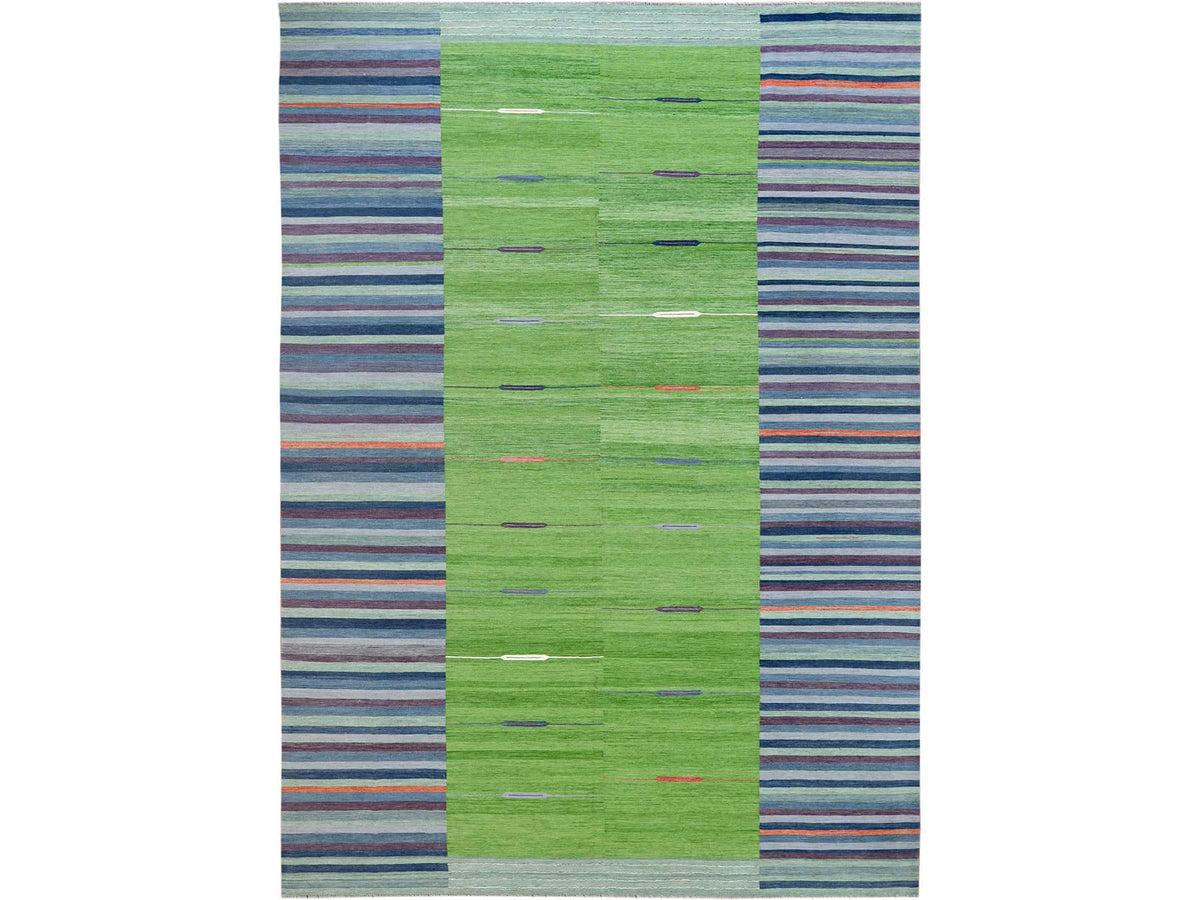 Kilim Flat-Weave hand-knotted wool rug in Green, 10'4" x 14'2" — SKU O060097