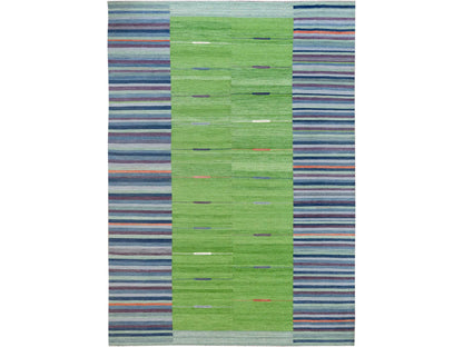 Kilim Flat-Weave hand-knotted wool rug in Green, 10'4" x 14'2" — SKU O060097