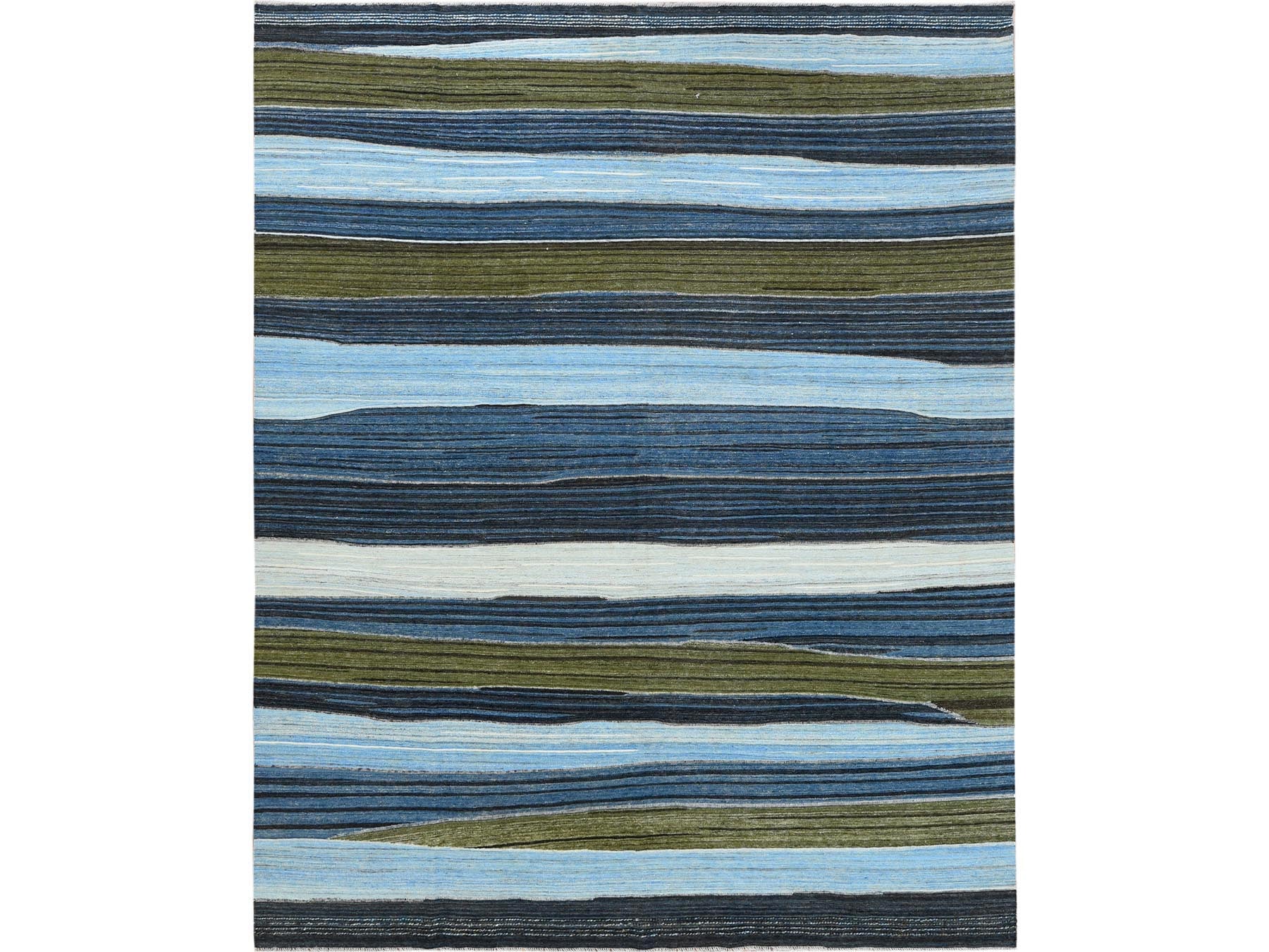 Kilim Flat-Weave hand-knotted wool rug in Blue, 9'7" x 11'10" — SKU O060101