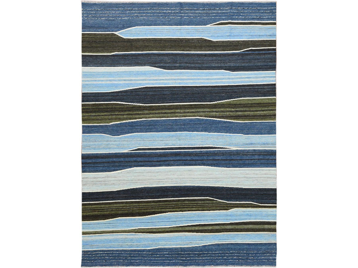 Kilim Flat-Weave hand-knotted wool rug in Blue, 6'3" x 8'9" — SKU O060104