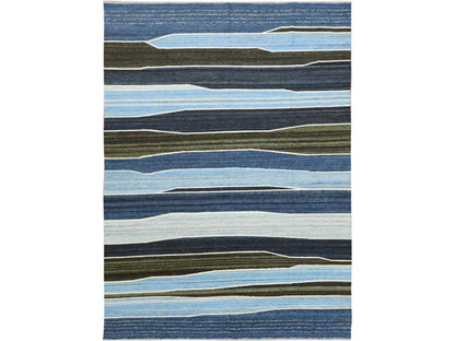Kilim Flat-Weave hand-knotted wool rug in Blue, 6'3" x 8'9" — SKU O060104
