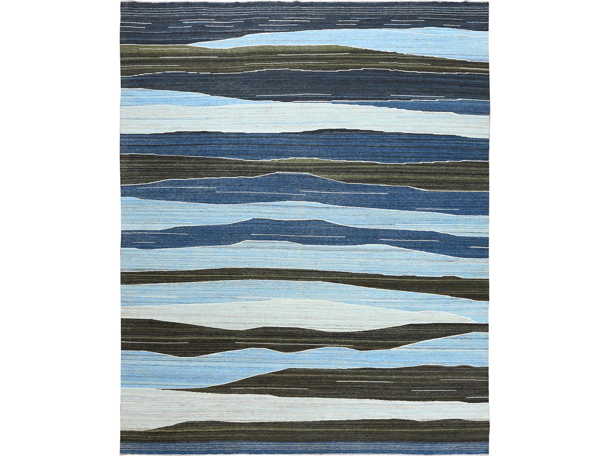 Kilim Flat-Weave hand-knotted wool rug in Blue, 12'5" x 15' — SKU O060105